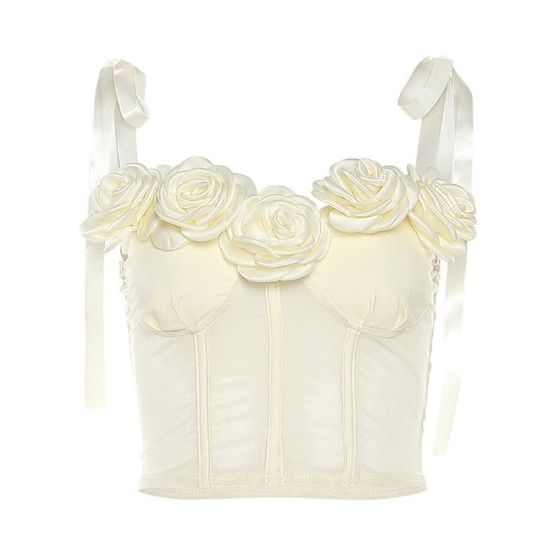 Top corto bustier con schiena scoperta e applicazione di fiori in rete