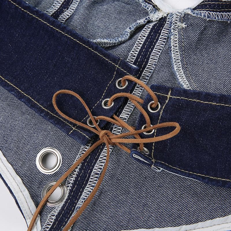 Top corto in denim con scollo a V, fibbia a contrasto con cuciture, lacci e schiena scoperta
