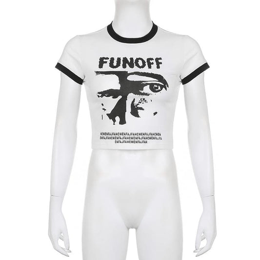 Short sleeve "FUNOFF" pattern contrast crewneck crop top