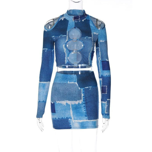 Long sleeve high neck hollow out o ring denim print mini skirt set