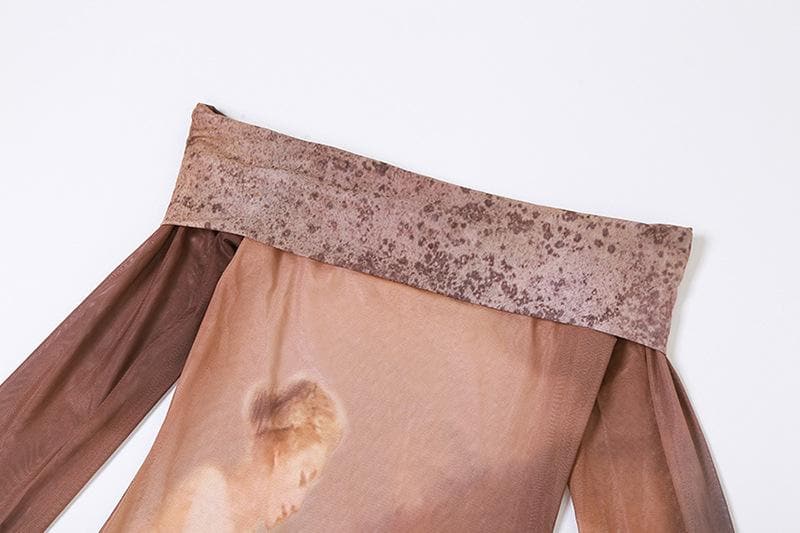 Schulterfreies, langärmliges Midikleid mit abstraktem Print und Kontrast