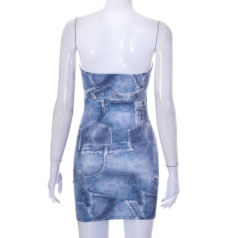 Rückenfreies, ärmelloses Tube-Minikleid mit Jeans-Print und Kontrast