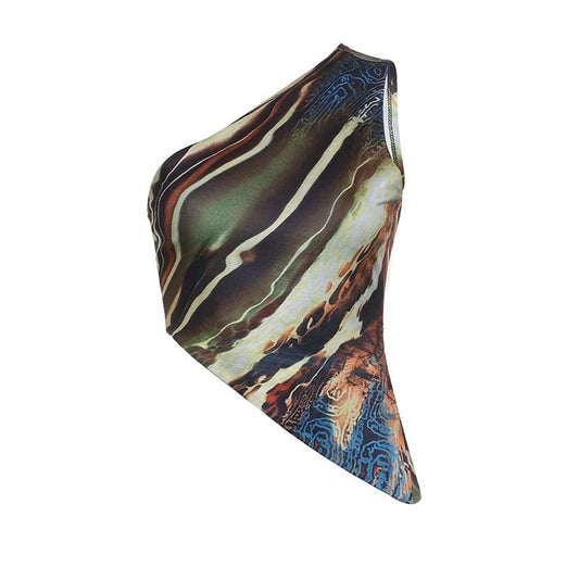 Unregelmäßiges Crop-Top mit abstraktem Druck und Kontrast