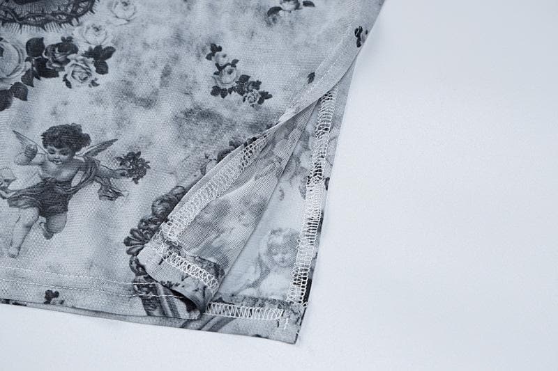 Durchsichtiges Camisole-Midikleid aus transparentem Netzstoff mit U-Ausschnitt und Kontrastdruck