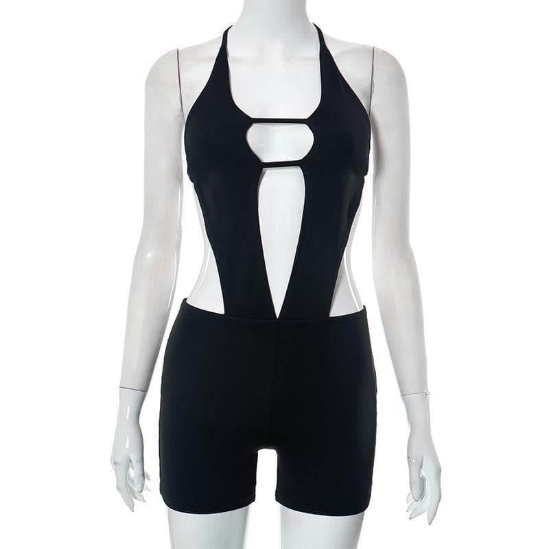 Hollow out solid halter backless self tie romper