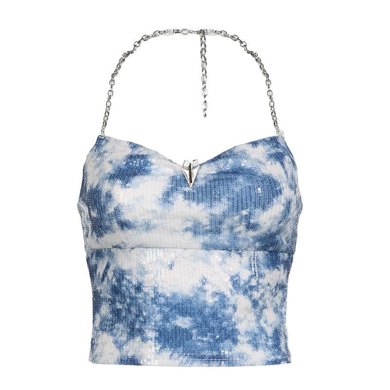 Top corto tie-dye con schiena scoperta e catena in metallo glitterato