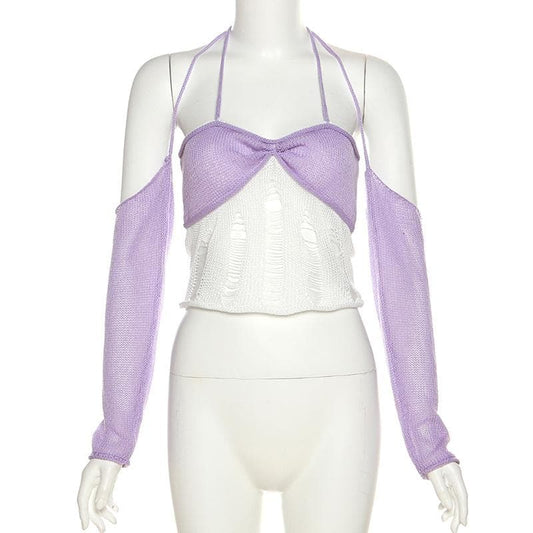 Crochet contrast off shoulder halter gloves ruched crop top