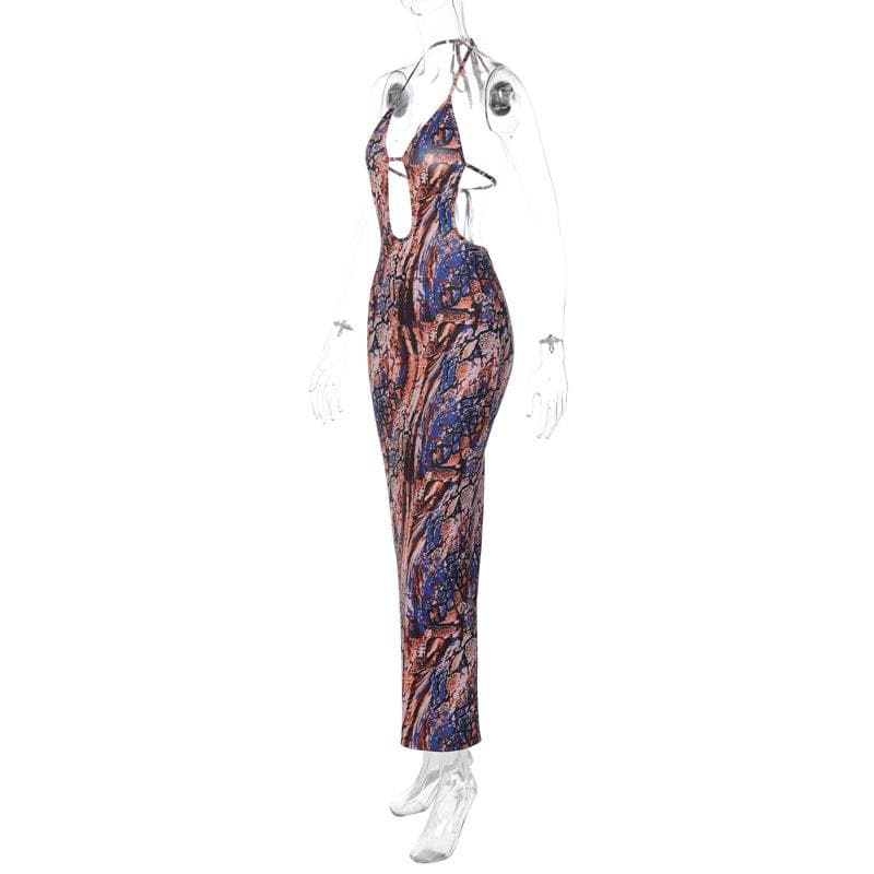 Rückenfreies, ausgehöhltes Neckholder-Maxikleid zum Selbstbinden mit Kontrastdruck