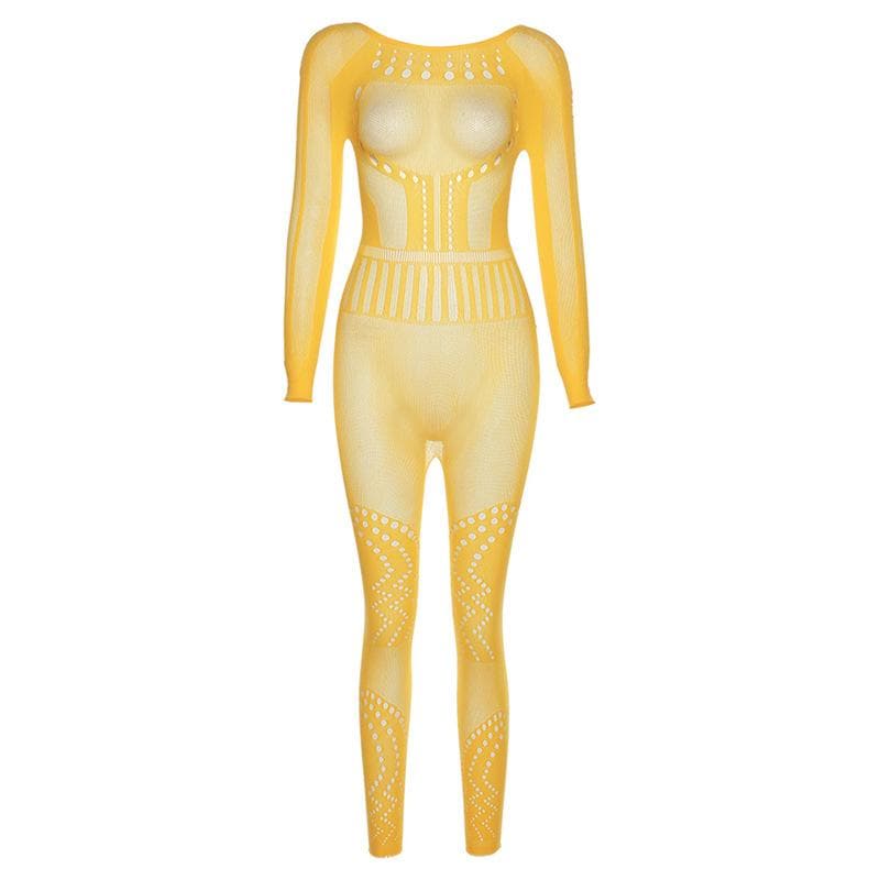 Fishnet long sleeve hollow out backless solid see through jumpsuit