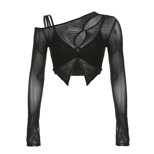 Irregular long sleeve hollow out mesh solid 2 piece crop top