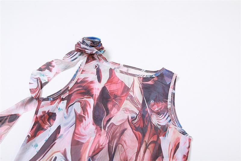 Ärmelloses Maxikleid aus transparentem Netzstoff mit abstraktem Druck und kontrastierenden Rüschen