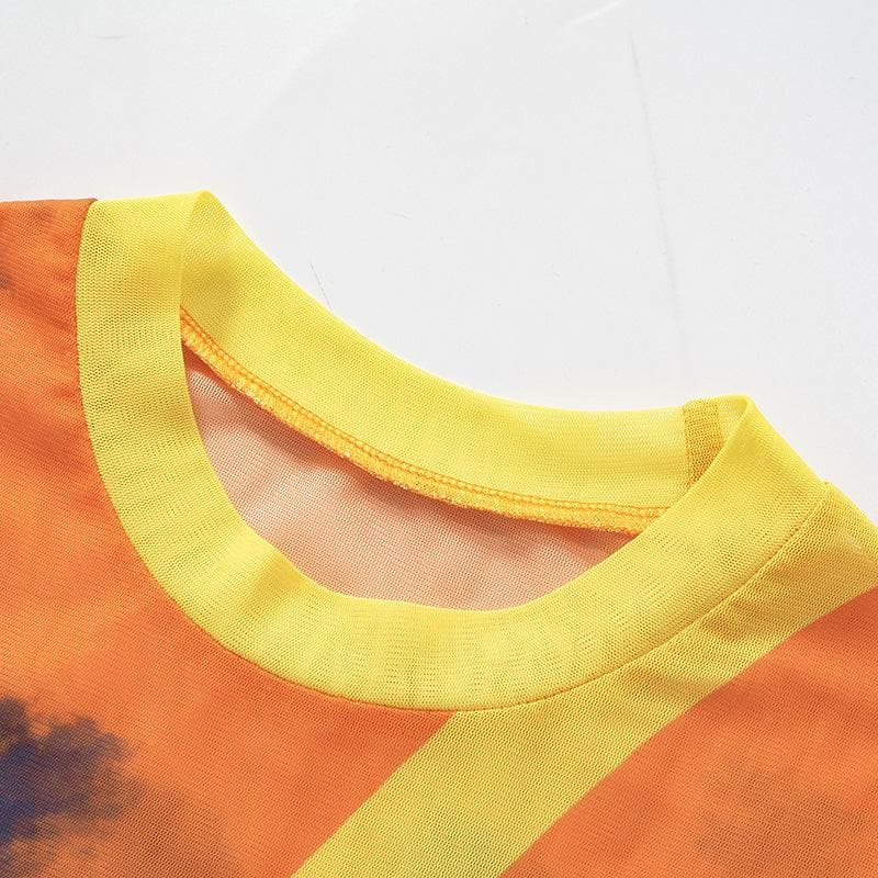 Transparentes Netzstoff-Minikleid mit langen Ärmeln und kontrastierendem Rundhalsausschnitt