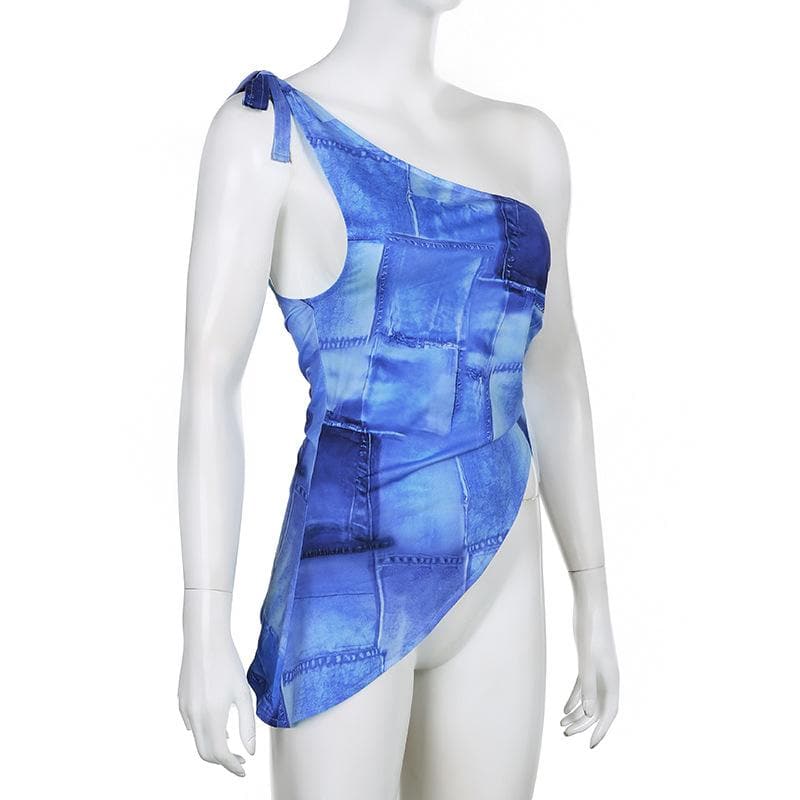 Top in denim con stampa e coulisse irregolare con monospalla