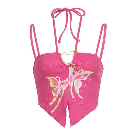 Halter backless slit butterfly pattern contrast ruffle crop top