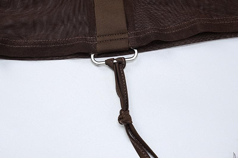 Top corto in rete trasparente con colletto rovesciato, maniche lunghe, bottoni e spacchi