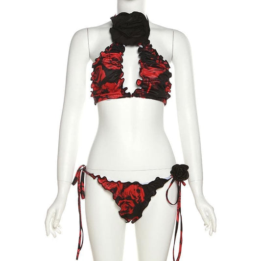 Contrast rose pattern ruched halter self tie flower applique pant set