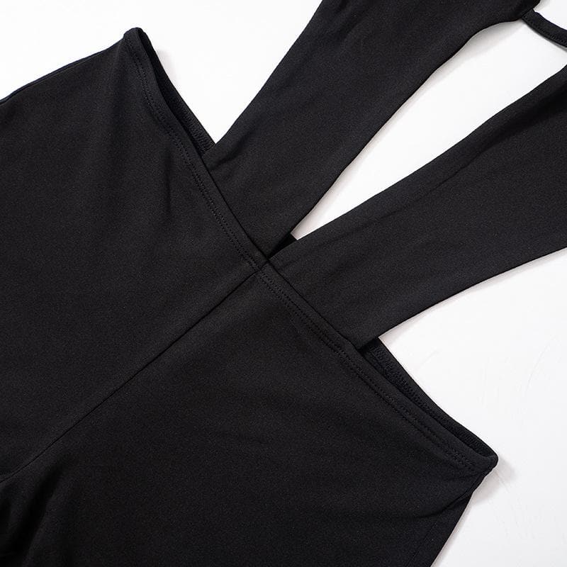 Hollow out solid halter backless self tie romper