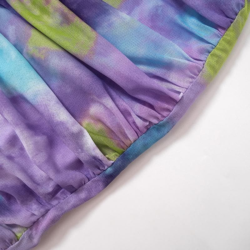 Ruched tie dye sleeveless crewneck mesh mini dress