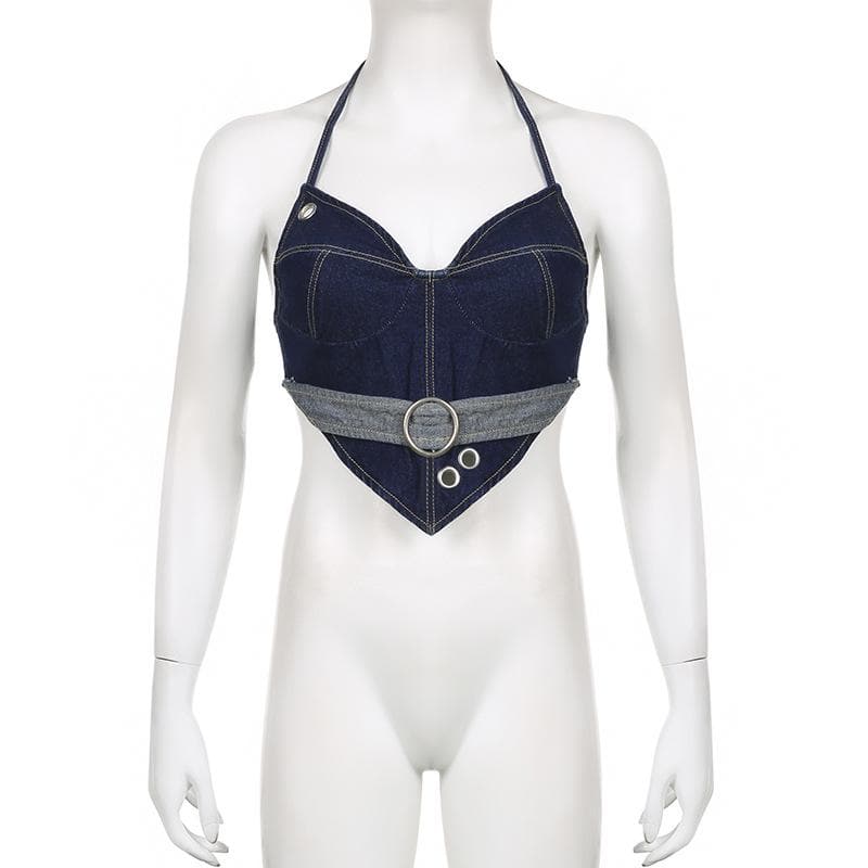 Top corto in denim con scollo a V, fibbia a contrasto con cuciture, lacci e schiena scoperta
