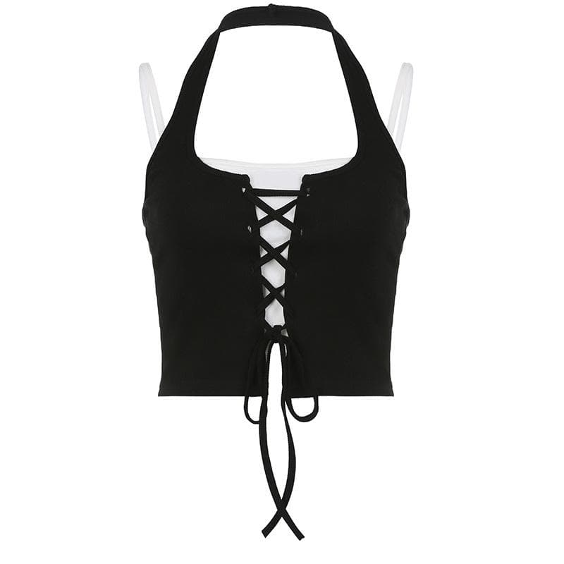 Top corto con schiena scoperta e lacci a patchwork a contrasto