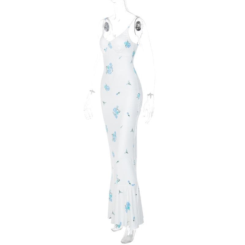 Maxikleid mit gerafftem Camisole und V-Ausschnitt mit Blumenmuster und Kontrast