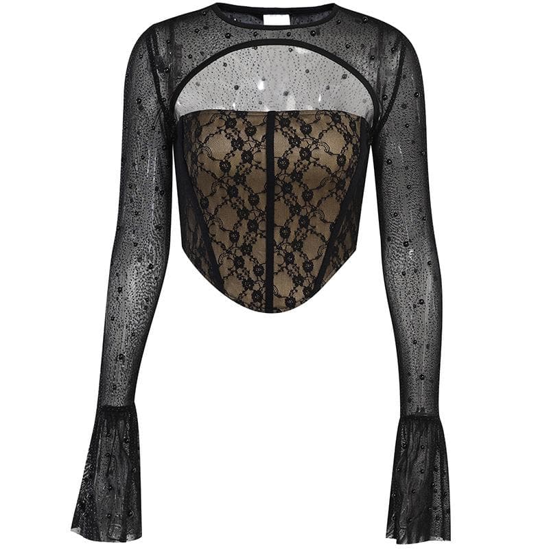 Top in 2 pezzi con corsetto con perline e maniche svasate in pizzo