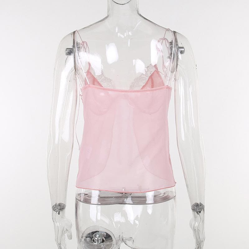Top corto in chiffon con lacci a contrasto e schiena scoperta con orlo in pizzo