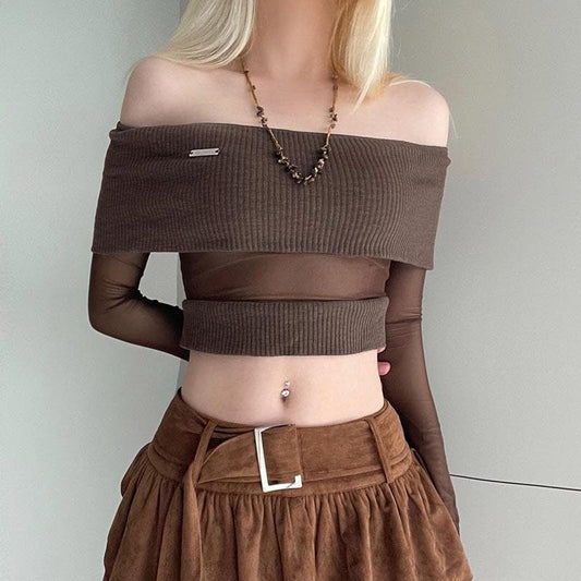 Off shoulder metal tag mesh patchwork knitted top