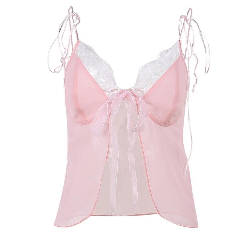 Top corto in chiffon con lacci a contrasto e schiena scoperta con orlo in pizzo