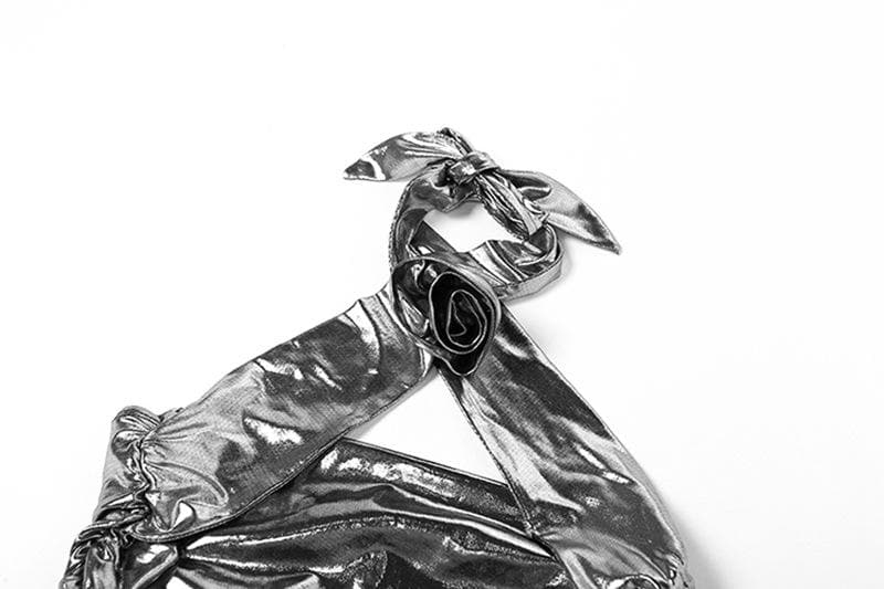 Body con scollo all'americana metallizzato, schiena scoperta e applicazioni floreali