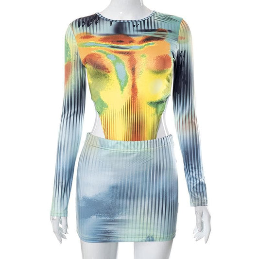 Striped long sleeve crewneck contrast bodysuit mini skirt set
