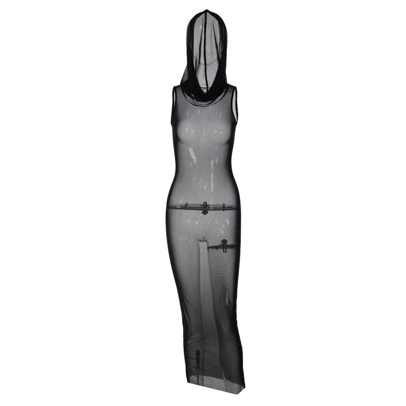 Ärmelloses Maxikleid mit Kapuze und transparentem Netzstoff