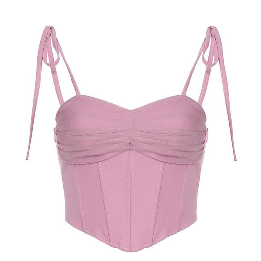 Solid pleated self tie zip-up corset crop top