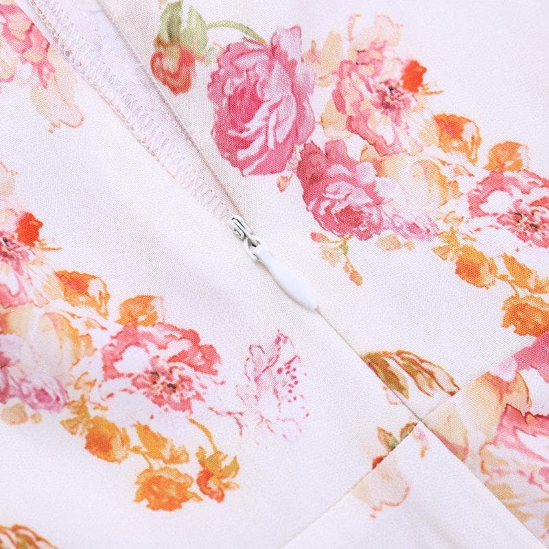 Ärmelloses Midikleid mit Blumenmuster, Rüschen und Selbstschnürung, kontrastierendem Schlitz und Reißverschluss