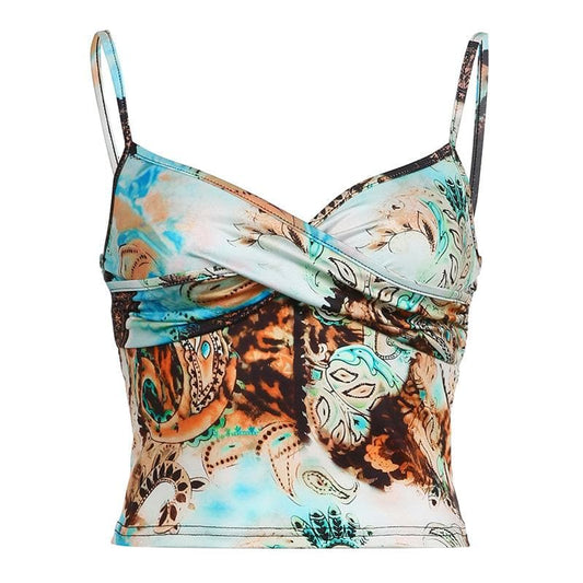 Rückenfreies Camisole-Crop-Top mit abstraktem Druck und Kontrast-V-Ausschnitt