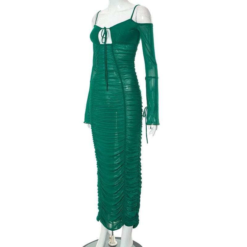 Schulterfreies, durchsichtiges Maxikleid aus transparentem Netzstoff mit Rüschen und Selbstschnürung
