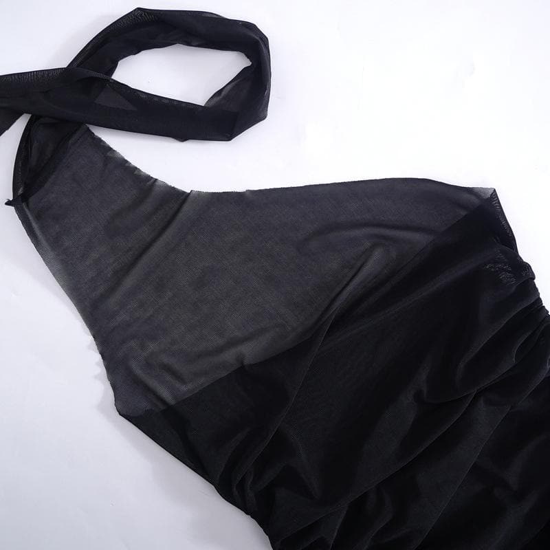 Transparentes, durchsichtiges Netz-Maxikleid mit Neckholder und unregelmäßigem Rückenausschnitt und Rüschen