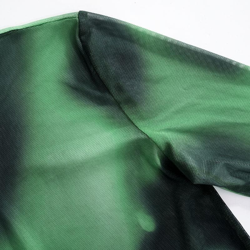Maglia a rete trasparente con stampa tie-dye a maniche lunghe e scollo rotondo a contrasto