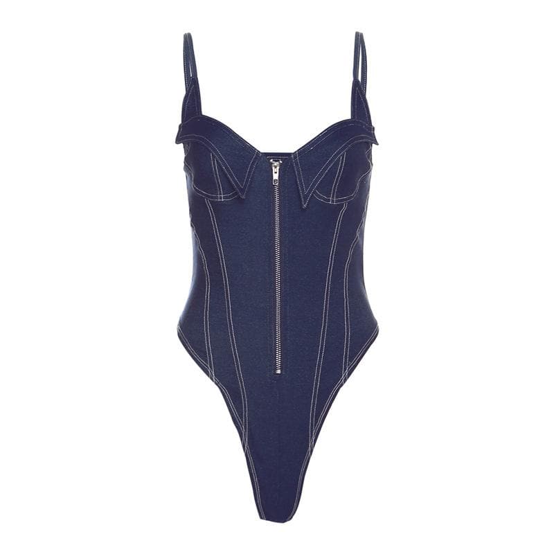 Body in denim con scollo a V, schiena scoperta e cerniera