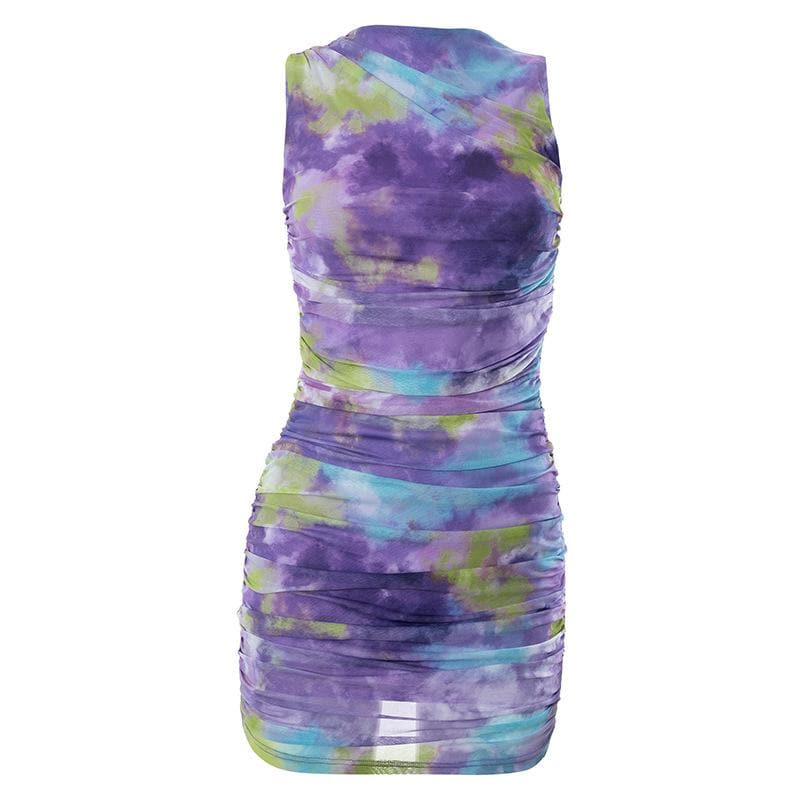 Ruched tie dye sleeveless crewneck mesh mini dress