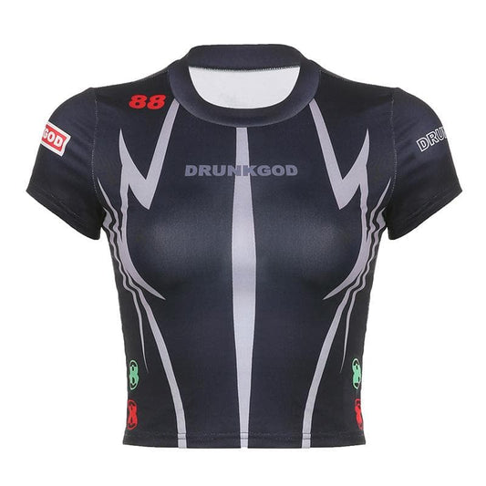 Short sleeve crewneck contrast print crop top