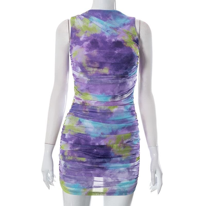 Ruched tie dye sleeveless crewneck mesh mini dress