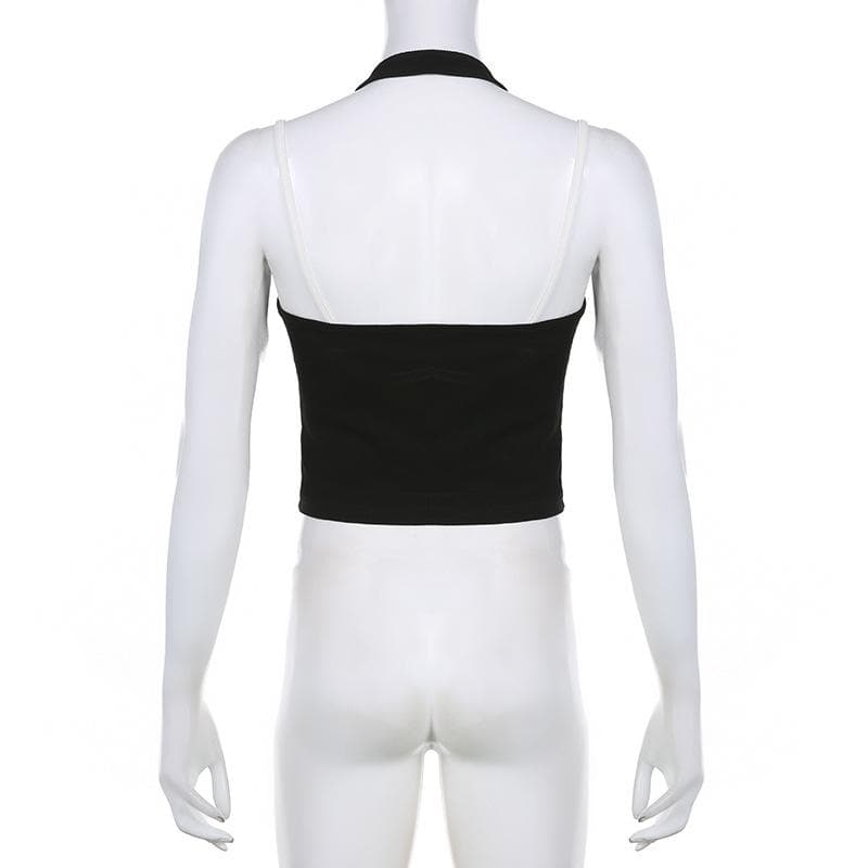 Top corto con schiena scoperta e lacci a patchwork a contrasto