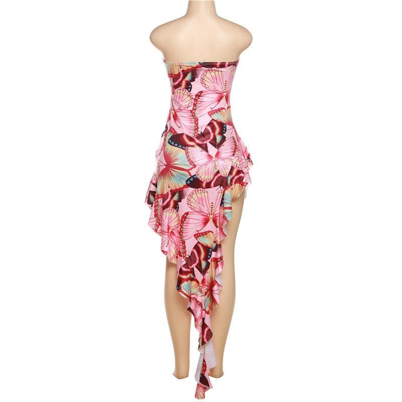 Rückenfreies Maxi-Tube-Kleid mit Schmetterlings-Print und kontrastierenden unregelmäßigen Rüschen