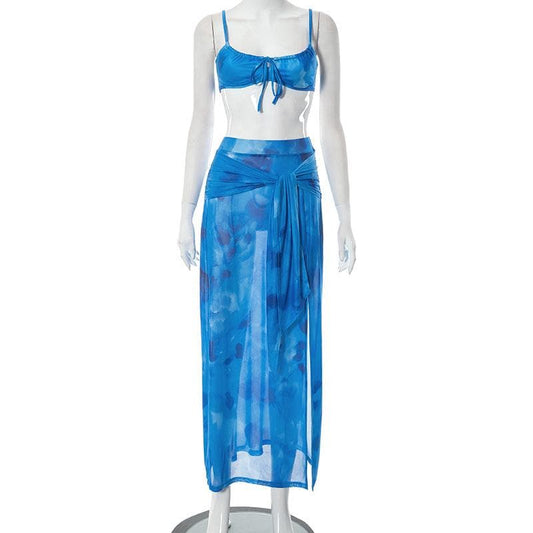 Backless mesh slit self tie tie dye maxi skirt set