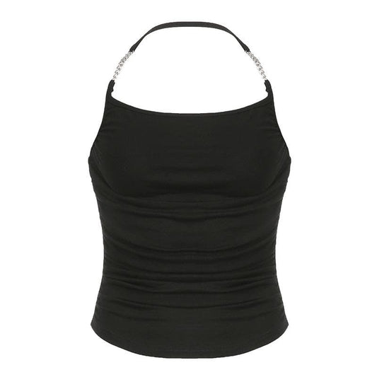 Metal chain halter ruched solid backless top