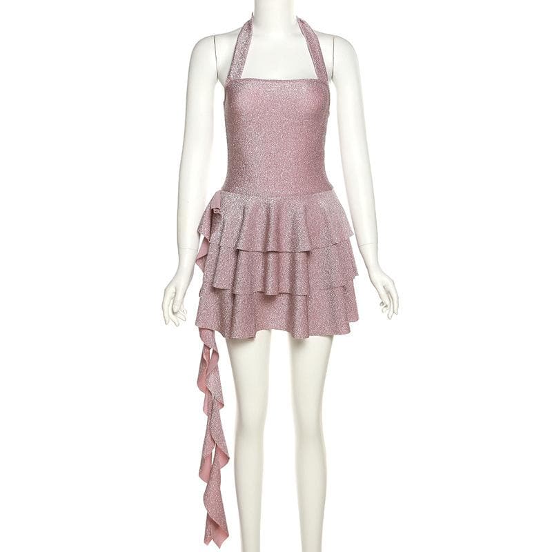 Solid halter textured pleated self tie backless mini dress