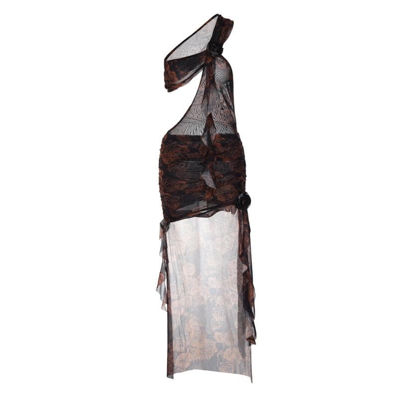 One shoulder ruffle flower print hollow out irregular slit midi dress