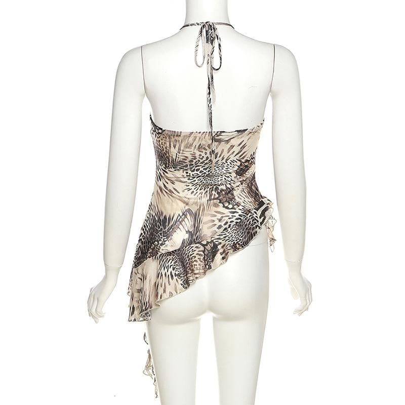 Top corto con scollo all'americana irregolare in rete trasparente con motivo a farfalla
