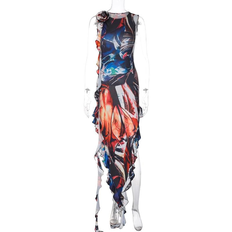 Ärmelloses Maxikleid mit Blumenapplikation und Kontrastdruck